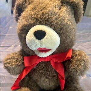 Vintage 1992 Adorable Brown Teddy Bear with Red Bow